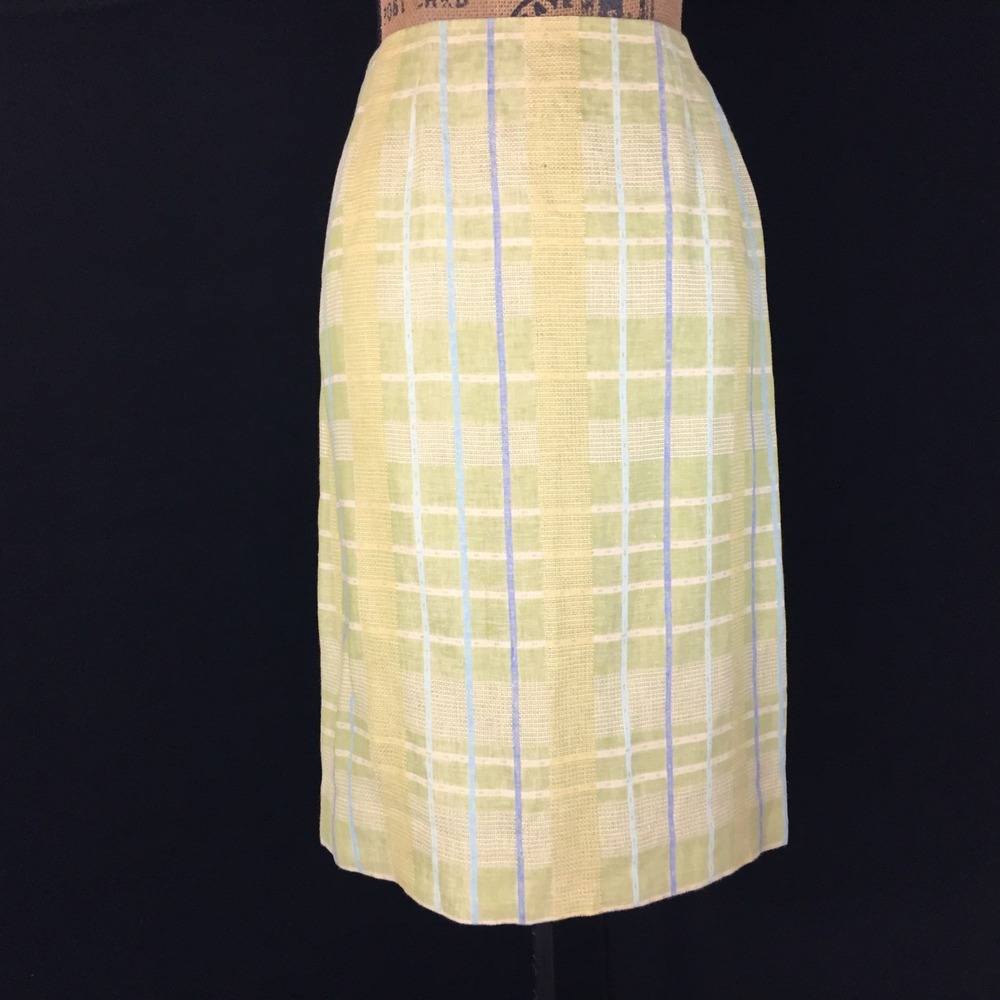 Carlisle Pencil Skirt 100% Linen 10 Lime Green Blue Yellow‎ Plaid Lined Office